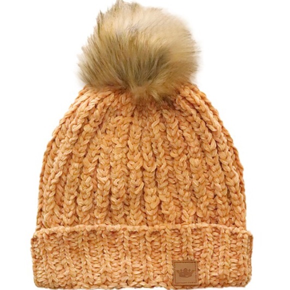 SOLD OUT Golden Mustard Chenille Knit Fur Pompom Beanie - Picture 4 of 4